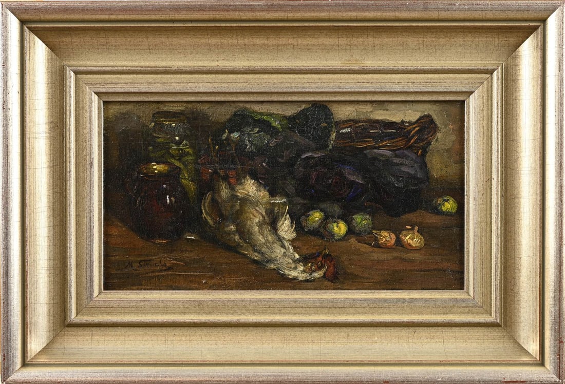 M. van Waning Stevels, Still Life: Marie van Waning Stevels. 1874 - 1943. Still life with cabbage, chicken, jug, and onions. Oil on canvas. Marouflé. Dimensions: H 27.5 x W 15.5 cm. In good condition.