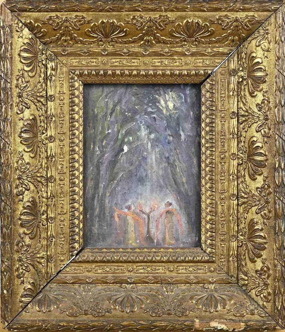 Painting, Symbolic figure representation: Painting. French School. Circa 1880. Symbolic representation of figures on panel. F. Mirvaux Paris. Oil on linen. Dimensions: H 21.5 x W 16 cm. In good condition.