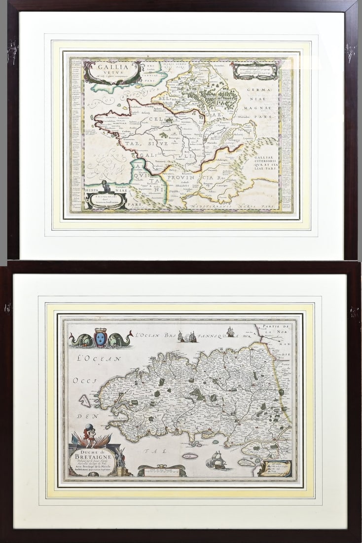 2x Antique map: Two antique maps. 1x Gallia Vetus, by Hoannen Jansonium, 1588 - 1664, partly hand-coloured, dimensions: H 41 x W 53 cm. 1x Duche de Bretagne, by Joannem Jansonium, 1588 - 1664, partly hand-colored,