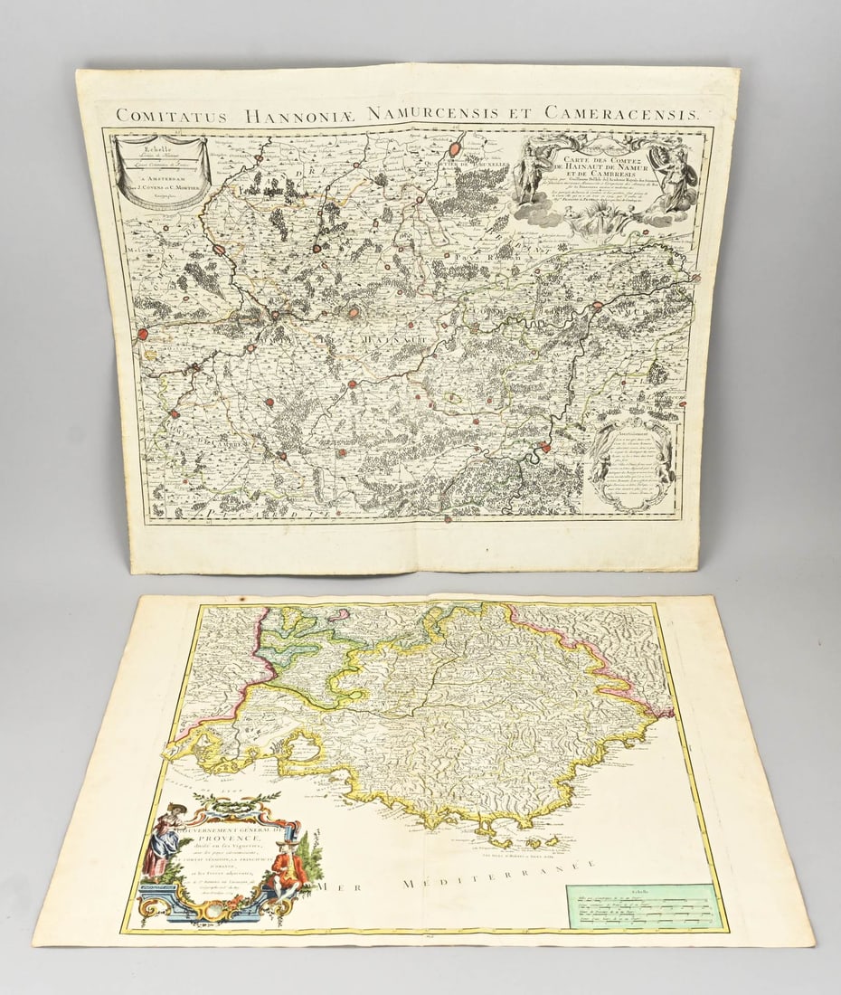 2x Antique map: Two antique maps. 1x Gouvernement General de Provence, by Robert de Vangondy 1754. Hand colored. Dimensions: H 50.5 x W 69 cm. In good condition. 1x Comitatus Honnoniae Namurcensis et Cametansis, by