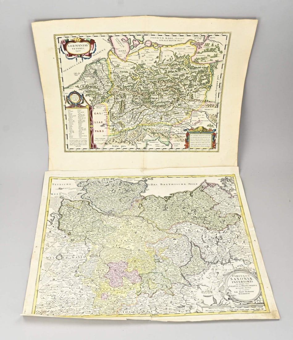2x Antique map: Two antique maps. Germany. 1x Circulus Sayawiae in Ferioris, by Joh. Baptiste homanni, Nuremberg, circa 1730, hand colored, dimensions: H 53 x W 60.5 cm, in good condition. 1x Germaniae Vetereis. By