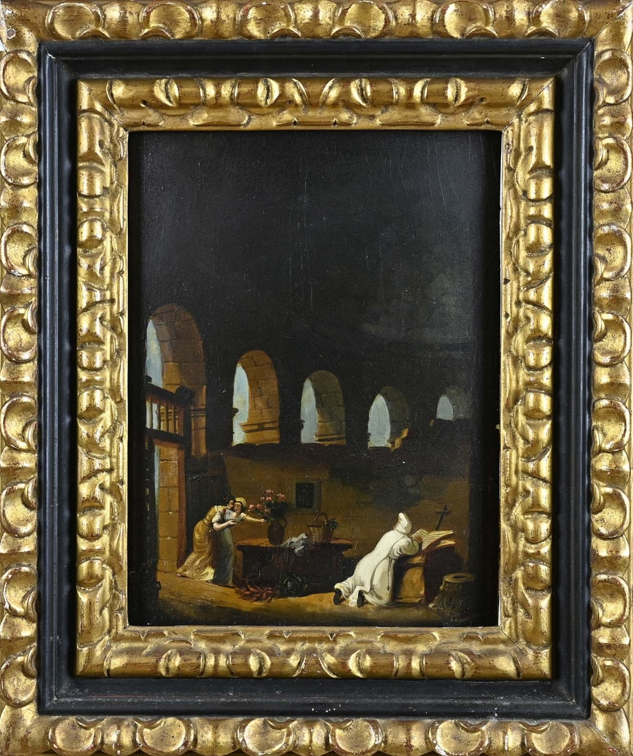 Painting, 18th-century interior: Painting. French School. 19th Century. Ladies stealing flowers from a monk. Oil on panel. Dimensions: H 30 x W 23 cm. In good condition.