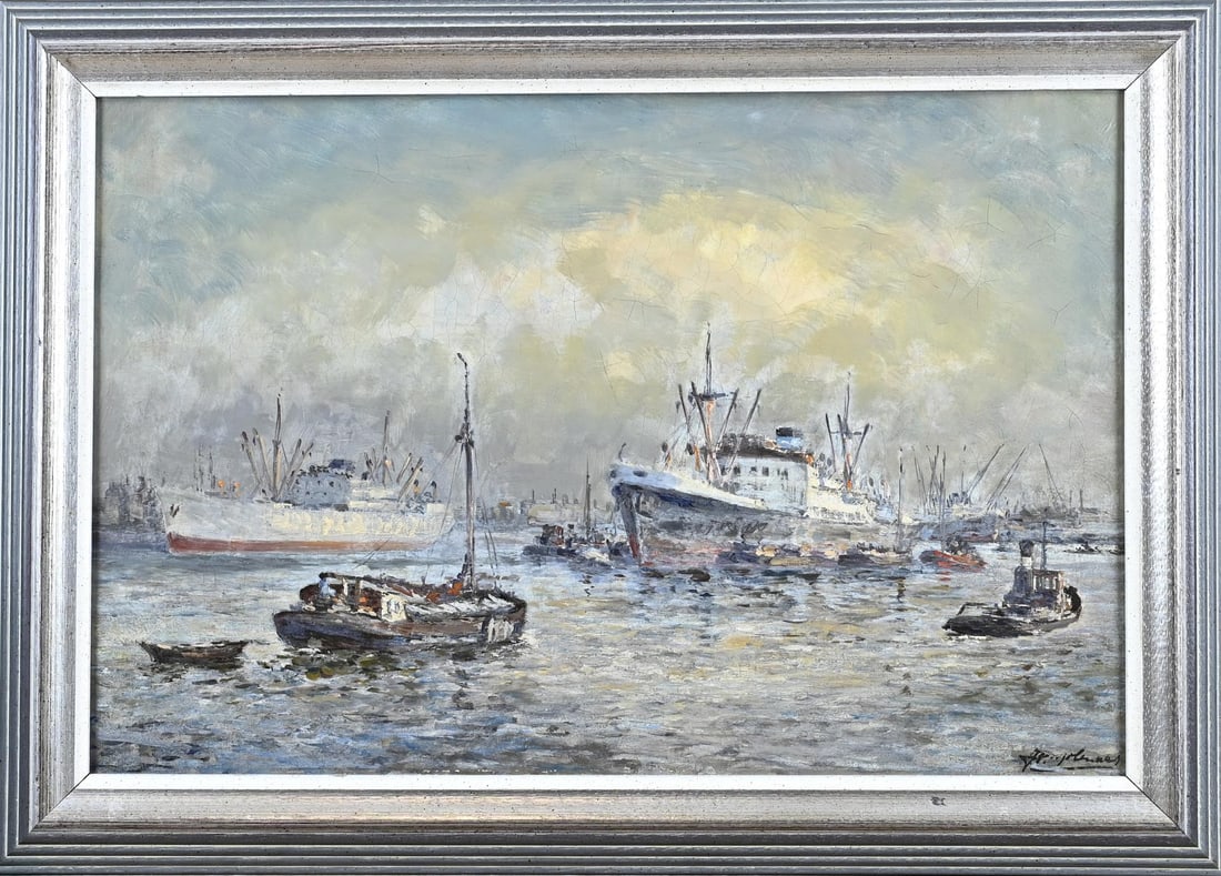 JP Molenaar, Harbour View of Rotterdam: JP Molenaar. Harbour View of Rotterdam. Oil on canvas. Dimensions: H 40 x W 60 cm. Slight craquelé. In fair/good condition.