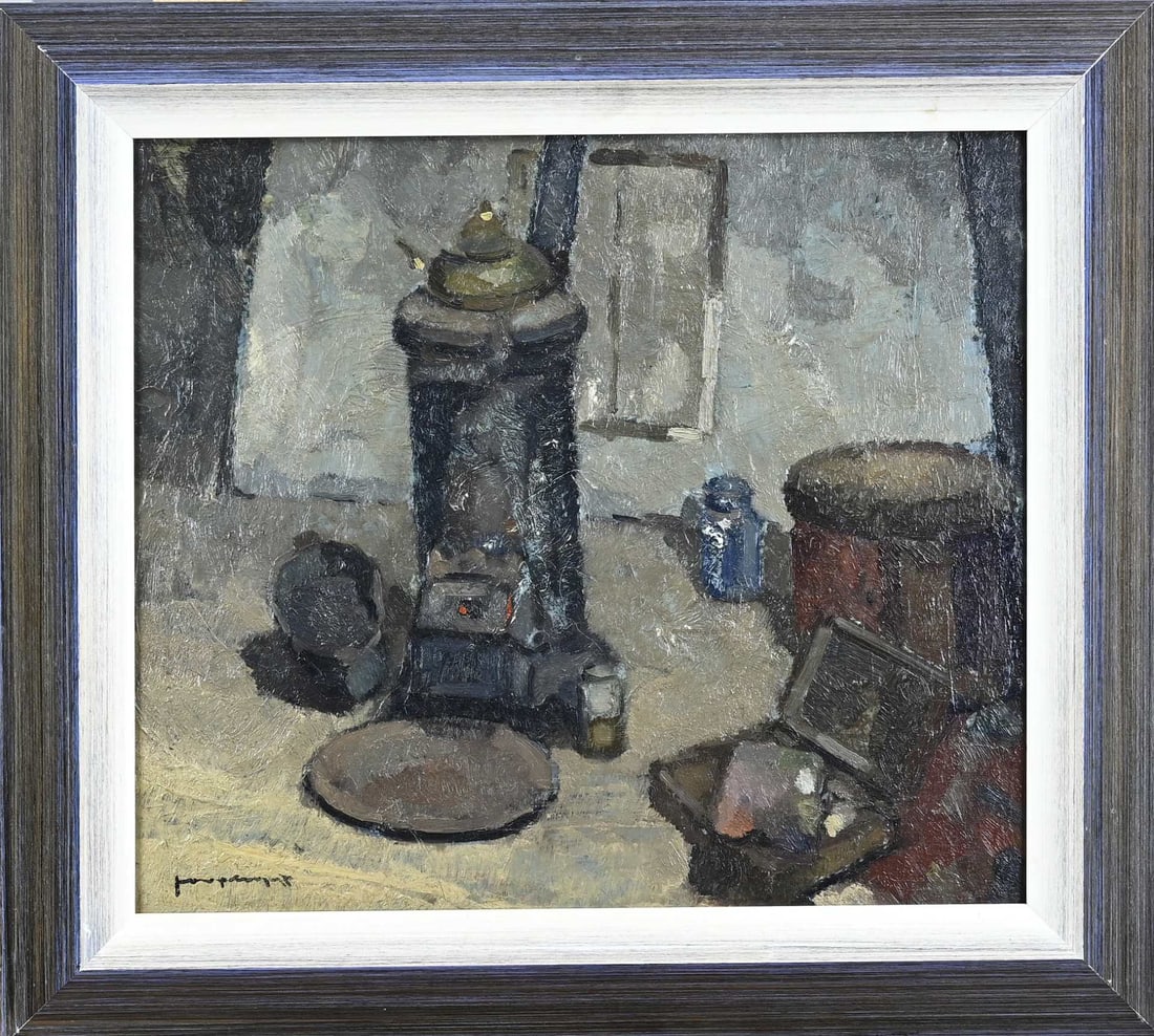 Joop Kropff, Interior with stove: Joop Kropff. 1892 - 1979. Interior with stove. Oil on panel. Dimensions: H 35 x W 40 cm. In good condition.