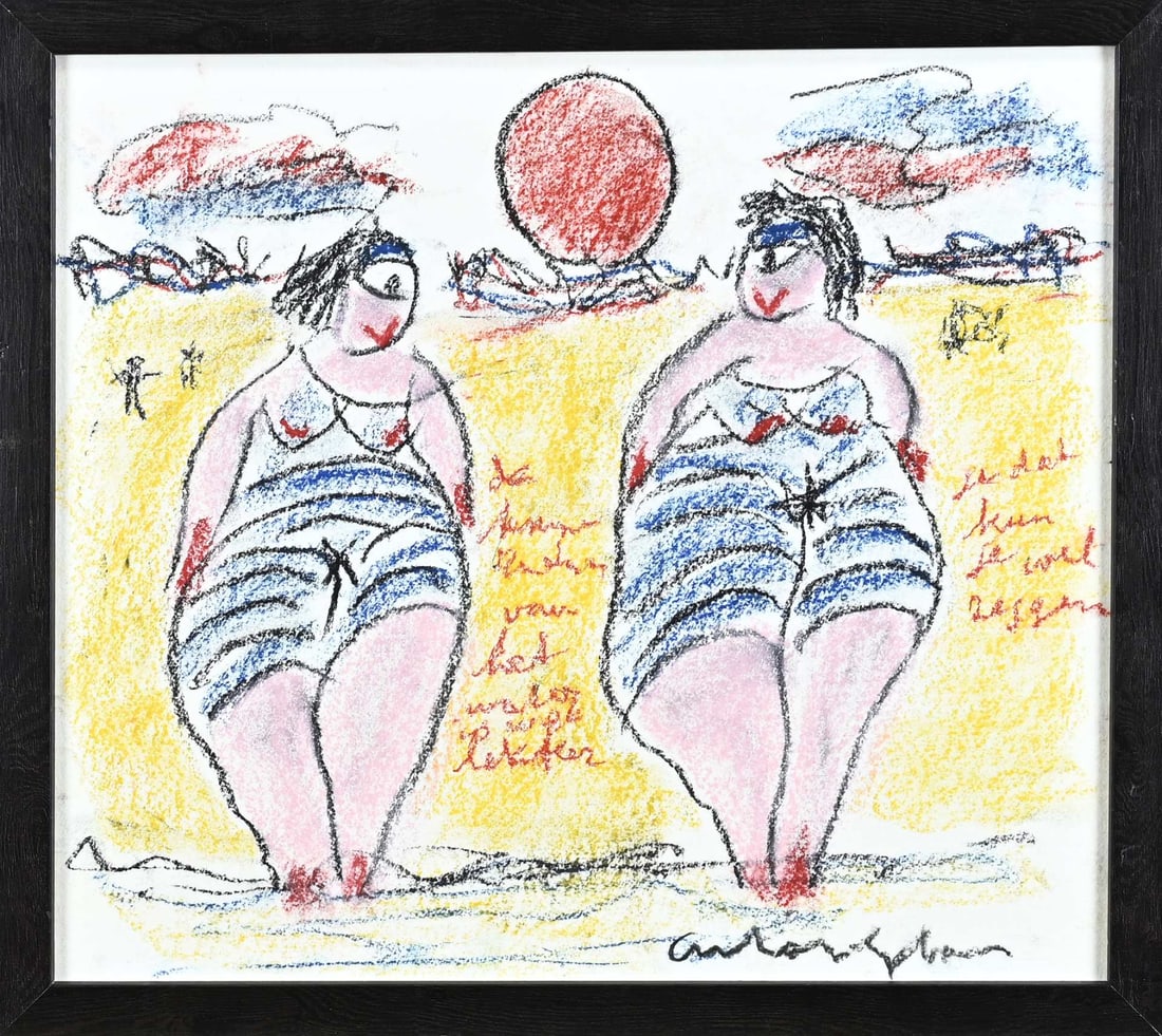 Anton Heyboer, Two Ladies on the Beach: Anton Heyboer. 1924 - 2005. Two ladies on the beach. Pastel on paper. Dimensions: H 35 x W 40 cm. In good condition.