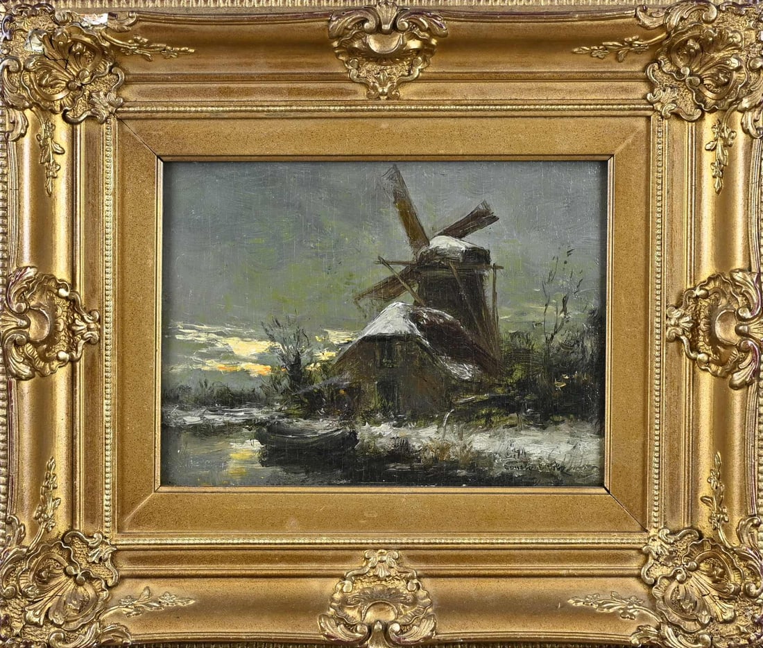 Constant Artz, Winter Landscape: Constant Artz. 1870 - 1951 (The Hague). Winter landscape with windmill and rowboat. Oil on panel. Dimensions: H 24 x W 18 cm. In good condition.