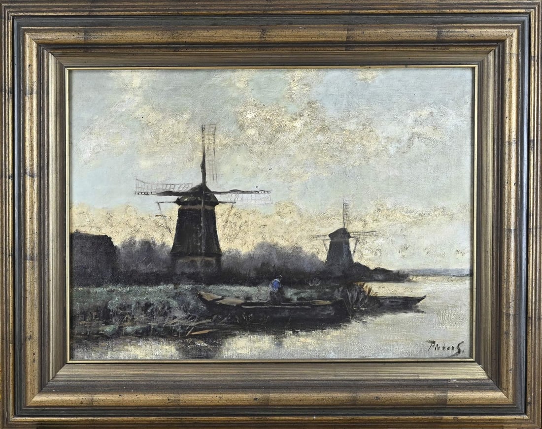 Pieters, Dutch polder landscape with windmill: Pieters. Circa 1900. Dutch School. Dutch polder landscape with windmills. Oil on canvas. Dimensions: H 50 x W 70 cm. In good condition.