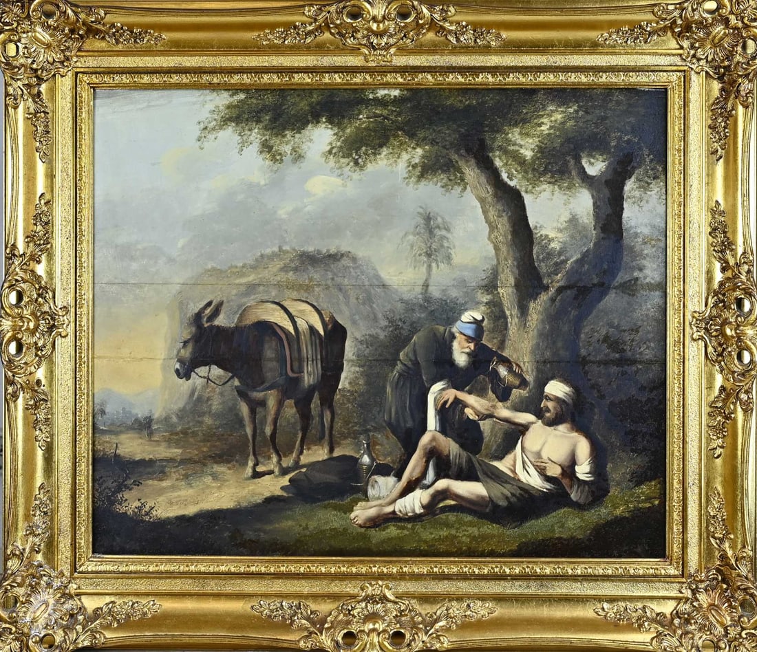 19th-century painting, Resting man: 19th-century painting. Unsigned? Wounded, resting man in a landscape being helped (Jesus Christ?) Oil on panel. Dimensions: H 60 x W 74 cm. Torn. In reasonable condition.