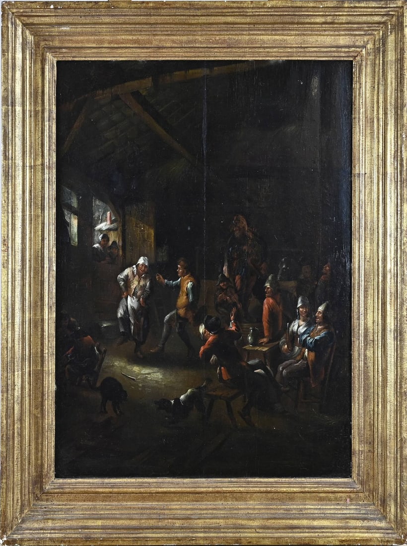 Painting, Inn interior: Painting. Unsigned? 17th Century. Dutch or Flemish School. Inn interior with various tipsy figures. Oil on panel. Dimensions: H 70 x W 52 cm. Older restoration. In reasonable condition.