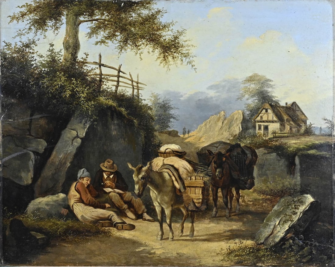 Painting, Resting travelers with a donkey: Painting. Monogram + 1860. German School. Landscape with resting travelers and pack donkeys. Oil on panel. Dimensions: H 60 x W 67.5 cm. In good condition.