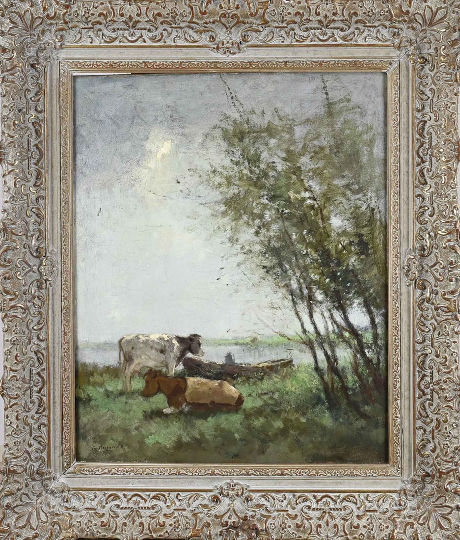 Cornelis Groeneveld, Landscape with cows: Cornelis Groeneveld. 1882 - 1952. Landscape with cows. Oil on canvas. Dimensions: H 60 x W 50 cm. In good condition.