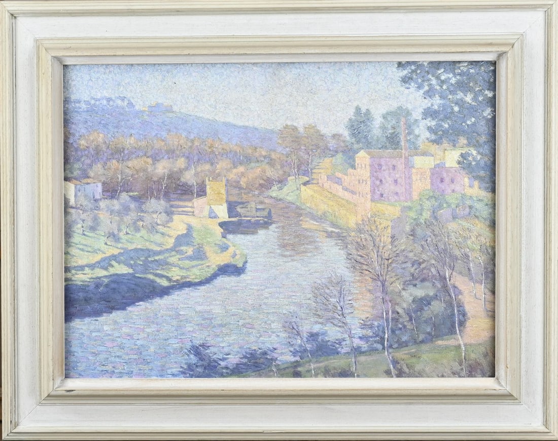 Painting, Impressionistic river view: Painting. Unsigned. Circa 1920. French Impressionist river landscape. Pointillist. Oil on panel. Dimensions: H 44 x W 60 cm. In good condition.