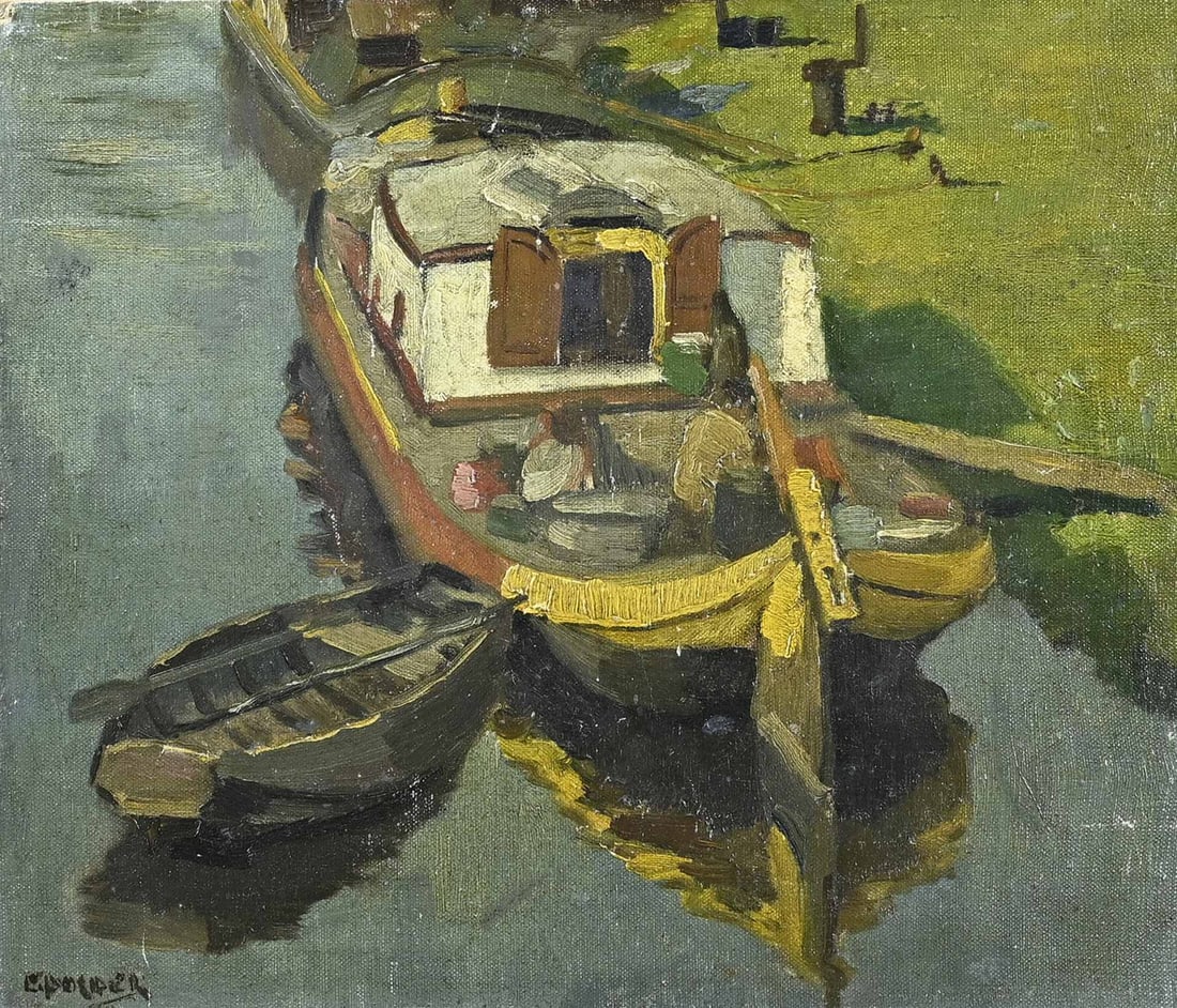 G. Polder, Flat-bottomed boat at quay: G. Polder. Circa 1900. Dutch School. Flat-bottomed boat at quay. Oil on canvas. Dimensions: H 32 x W 38 cm. In good condition.