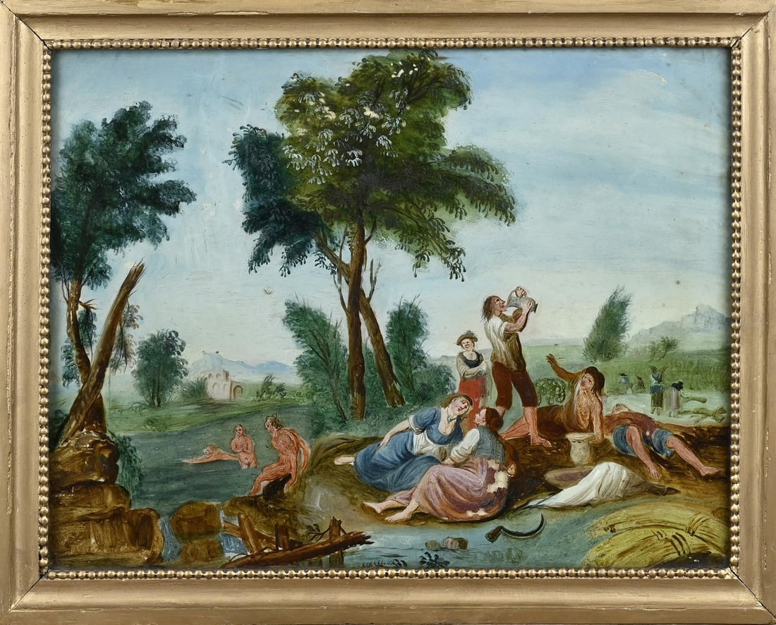 Behind-glass painting: Antique reverse-glass painting. Circa 1800. Baroque. Figures drinking and swimming by a river. Dimensions: H 33 x W 43 cm. Minimal paint loss. In good condition.