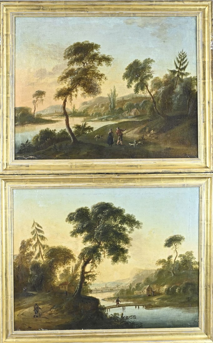 Pendant, 2x River View: 18th-century pendant. Germany. Two river views with figures. Ougier Fecit, signature found on verso. Dimensions: H 50 x W 65 cm. In good condition.