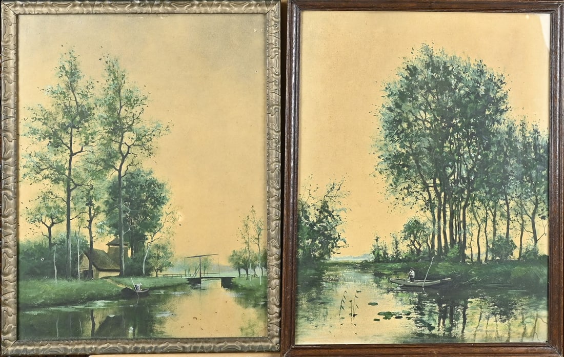 2x Gouache, Landscape: Two antique Dutch gouaches. Landscapes with figures in a boat. Circa 1900. Dimensions: H 50 x W 40 cm. Gouaches on paper. In good condition.