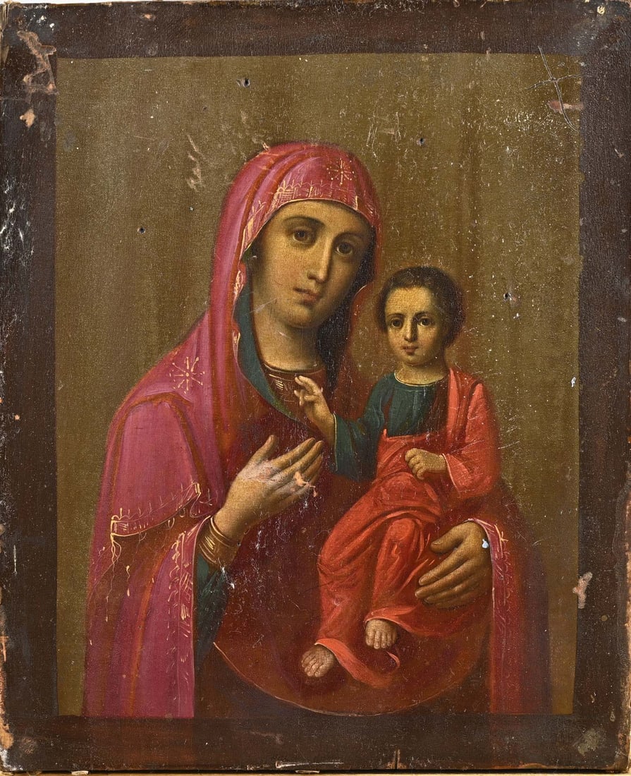 Icon, Mary with the Child Jesus: Icon. 19th century. Mary with the Child Jesus. Detailed. Oil on panel. Dimensions: H 27 x W 21.5 cm. In good condition.
