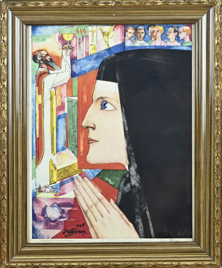 Jan Thoorop, Praying Sister: Jan Toorop. 1992. Lithograph, published by Vost en Tas Amsterdam NRM Leiden. Circa 1930. Praying Sister. Lithograph on paper. Dimensions: H 40 x W 30 cm. In good condition.