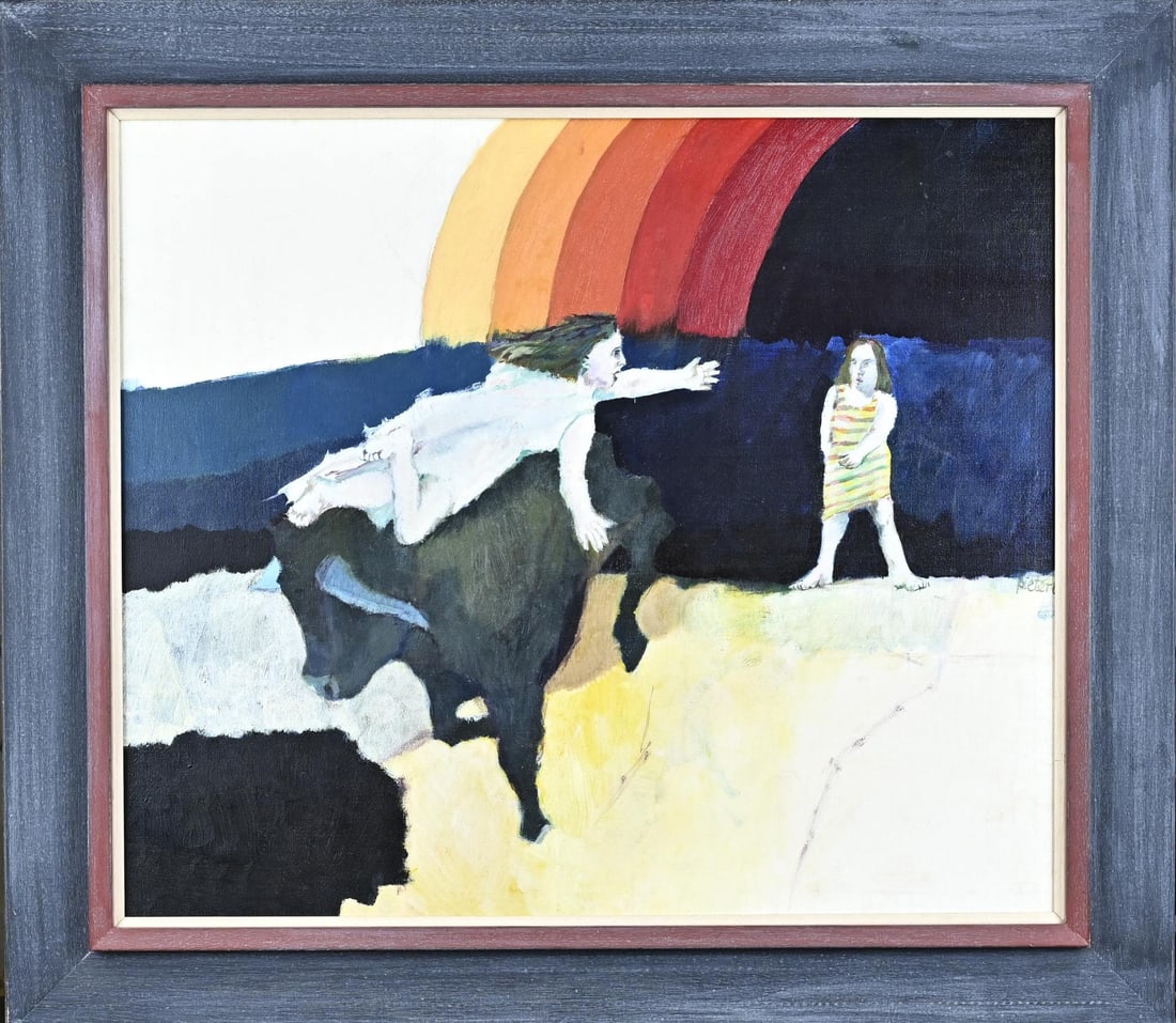 Piet Zwaanswijk, Woman on a Bull: Pieter Zwaanswijk. 1947. Woman on a bull (Pamplona?). Oil on canvas. Dimensions: H 60 x W 70 cm. In good condition.