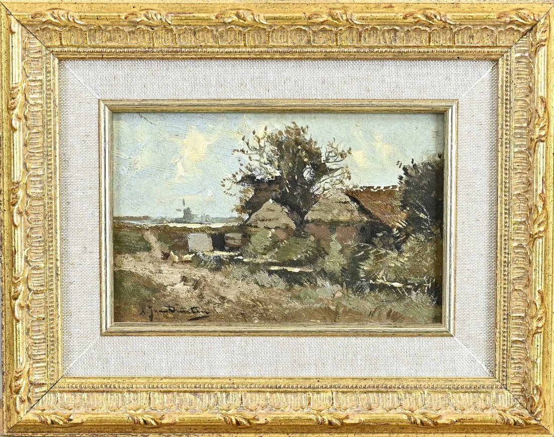 AJ van Driesten, Polder Landscape: AJ van Driesten. 1878 - 1969. Leiden School. Polder landscape with farmhouse. Oil on panel (cardboard). Dimensions: H 11 x W 16 cm. In good condition.