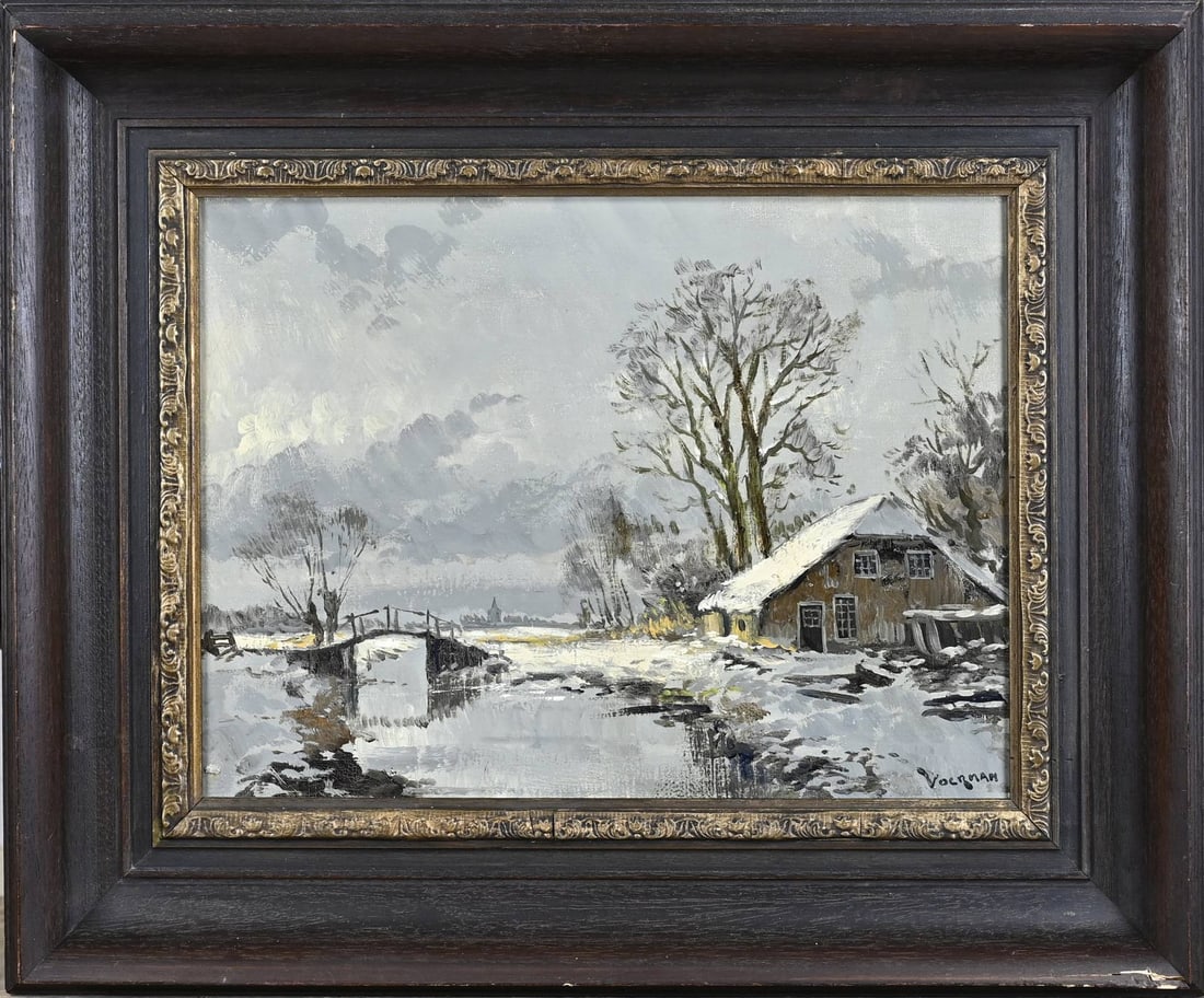 Signed Voerman, Farm in winter: Signed Voerman. Circa 1970. Farmhouse with small wooden bridge in winter. Oil on canvas. Dimensions: H 30 x W 40 cm. In good condition.