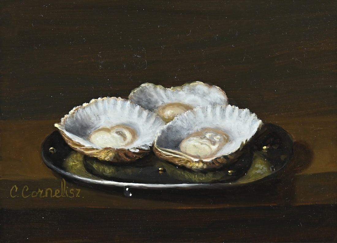 C. Cornelisz, Oysters: C. Cornelisz. 21st Century. Still life with oysters. Oil on panel. Dimensions: H 13 x W 18 cm. In good condition.