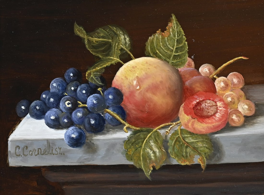C. Cornelisz, Still Life with Fruit on the Table: C. Cornelisz. 21st Century. Still life with fruit on a tabletop. Oil on panel. Dimensions: H 13 x W 18 cm. In good condition.