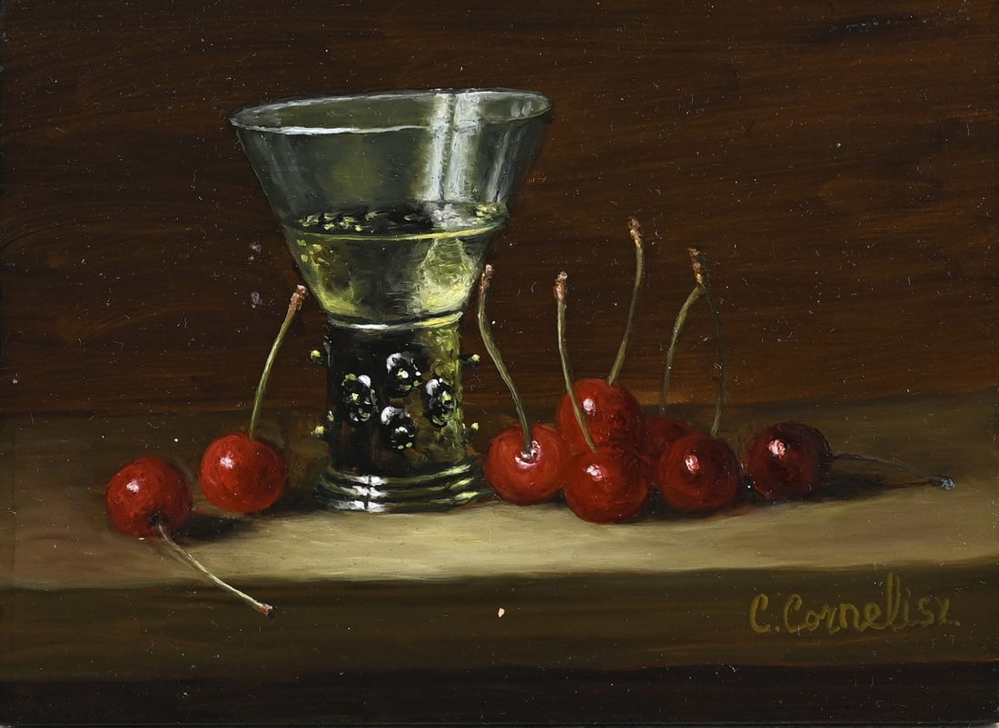 C. Cornelisz, Roemer with cherries: C. Cornelisz. 21st Century. Still life with wine glass and cherries. Oil on panel. Dimensions: H 13 x W 18 cm. In good condition.