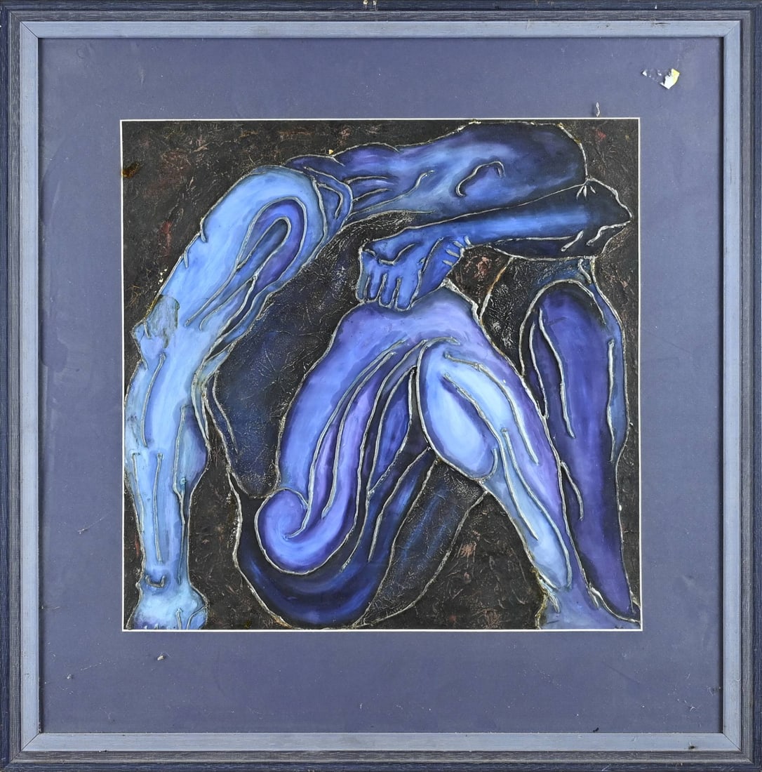 Painting, Seated man: Modern unsigned relief painting of a seated man. Mixed media on paper. Dimensions: H 45 x W 44 cm. In good condition.