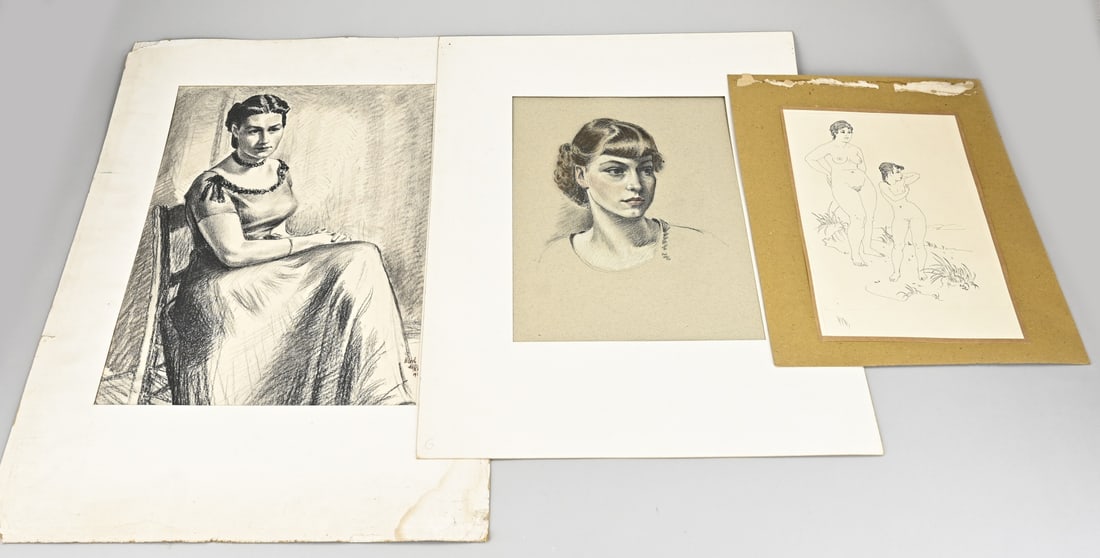 3x Huib de Ru, 3x Ladies: Three works by Huib de Ru. 1902 - 1980. 1x Drawing of nude ladies on a beach. 1x Seated lady (charcoal), 1952. 1x Portrait of a girl, mixed media. Dimensions: 35 x 40 cm. In good condition.