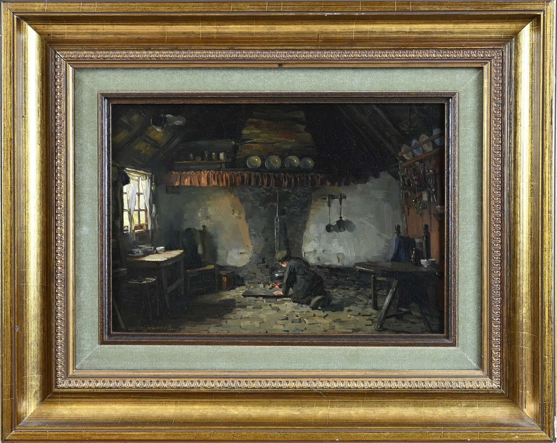 Painting, Woman by a fireplace: Jacob Dooijewaard. 1876 - 1969. Woman by a fireplace. Oil on panel. Dimensions: H 20 x W 28 cm. In good condition.