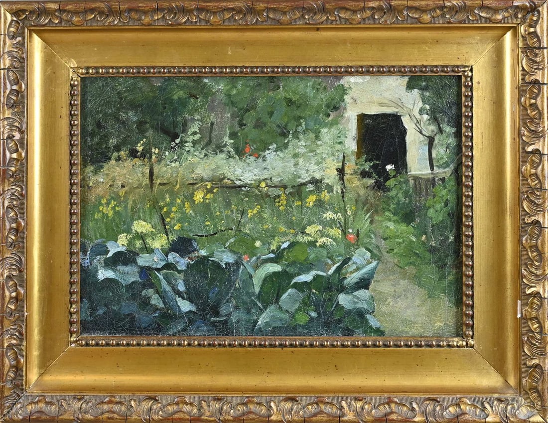 Painting, Garden: Painting. Circa 1900. Dutch School. Vegetable Garden. Attributed to Jan Voerman Sr. on the reverse. Oil on canvas. Relined. Dimensions: H 27 x W 40 cm. In fair/good condition.
