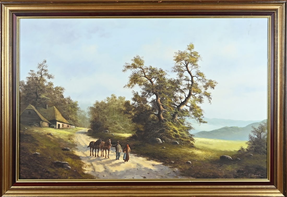 Painting, Landscape: Painting. Indistinct. German School. Circa 1980. Landscape with figures and horse-drawn team. Oil on canvas. Dimensions: H 60 x W 90 cm. In good condition.