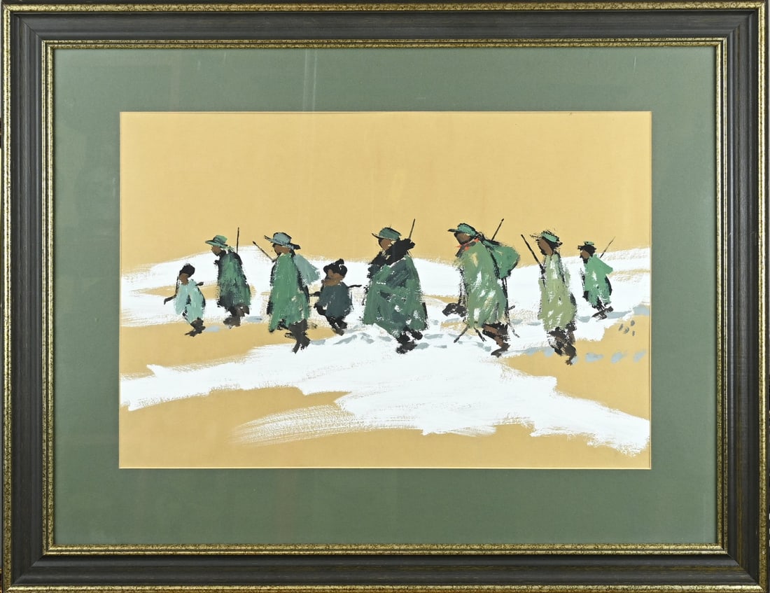 Heinrich Arrigo Wittler, Walkers in Snow: Heinrich Arrigo Wittler. 1918 - 2004. German School. Hikers in the snow. Gouache on paper. Dimensions: H 45 x W 65 cm. In good condition.