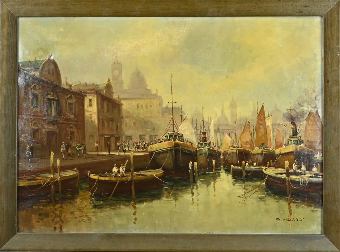G. Vigano, Harbor View with Boats: G. Vigano. Italian School. Harbor view with boats, Italy. Oil on canvas. Dimensions: H 50 x W 70 cm. In good condition.