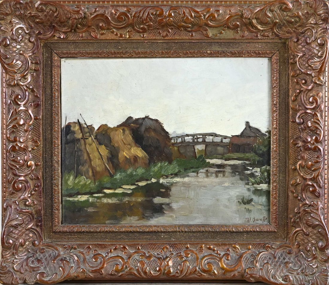 Possibly Victor Bauffe, Landscape with Haystacks: Possibly Victor Bauffe (signed). Landscape with haystacks and small wooden bridge. Oil on linen. Dimensions: H 40 x W 50 cm. In good condition.