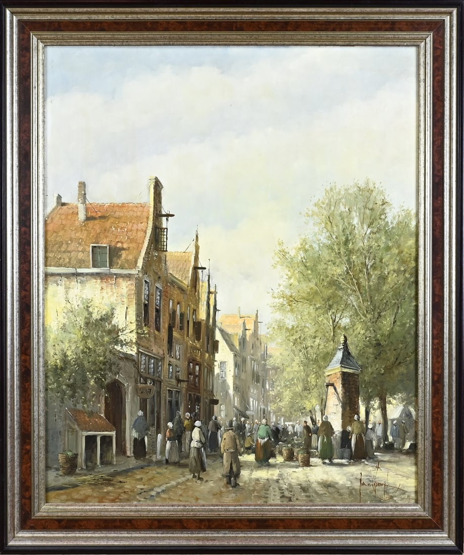 Jan van Rijsewijk, Cityscape: Jan van Rijsewijk. 1928 - 1987. Dutch city view with figures. Oil on panel. Dimensions: H 60 x W 50 cm. In good condition.