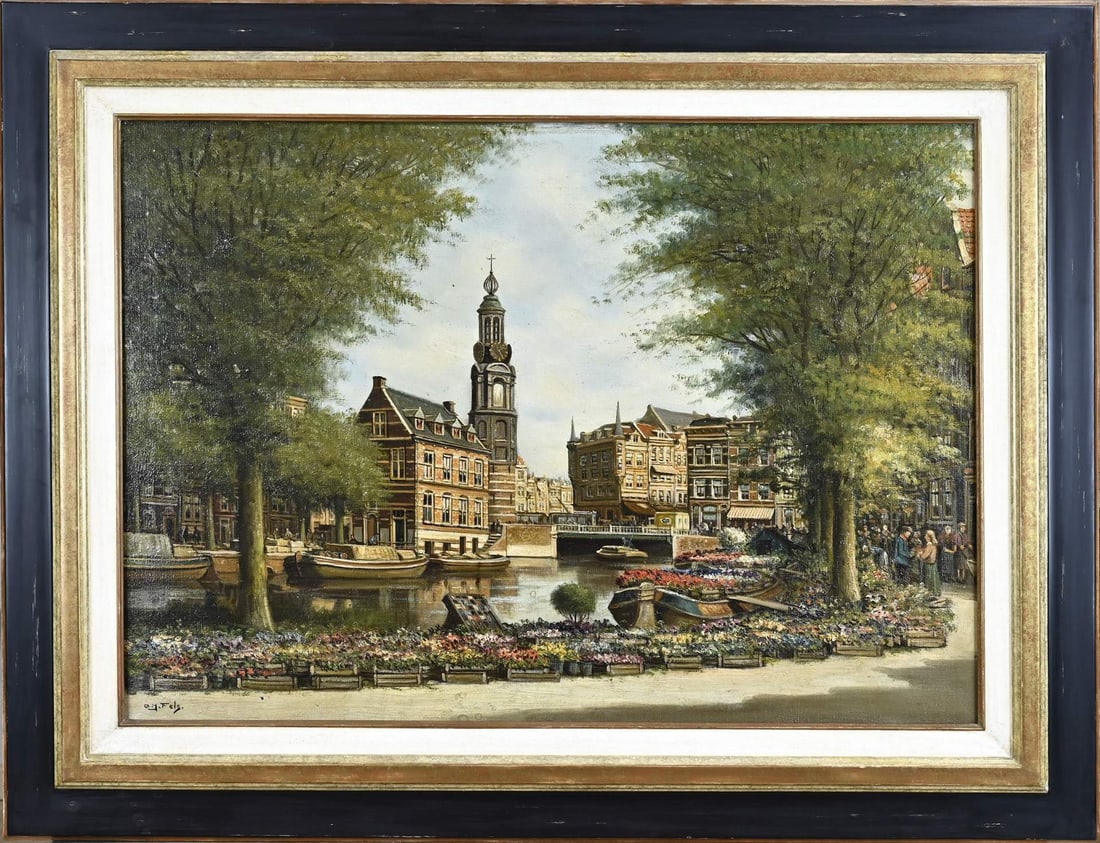 AJ Fels, Flower Market Amsterdam: AJ Fels. 1877 - 1941. Amsterdam Flower Market. Oil on canvas. Dimensions: H 50 x W 70 cm. In good condition.