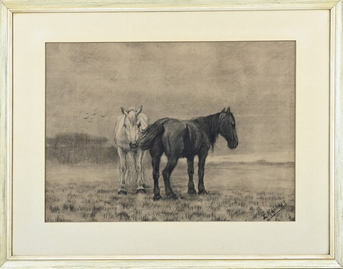 Evert Rabbers, Two Resting Horses: Evert Rabbers. 1878 - 1967. Enschede. Two resting horses in pasture. Pastel on paper. Dimensions: H 40 x W 55 cm. In good condition.