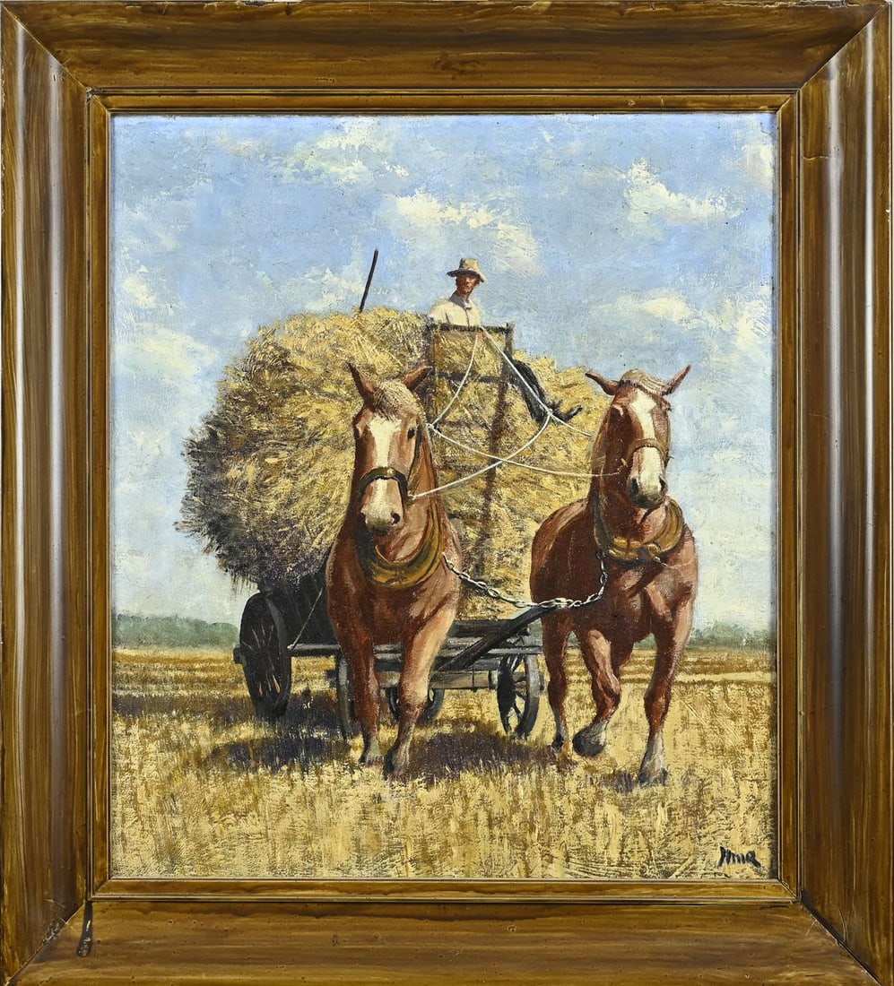 Monogram HMQ, Farmer with hay wagon: Monogram, HMQ. Circa 1900. Possibly Hungarian School. Peasant with hay wagon and team of horses. Oil on canvas. Dimensions: H 54 x W 47 cm. In good condition.