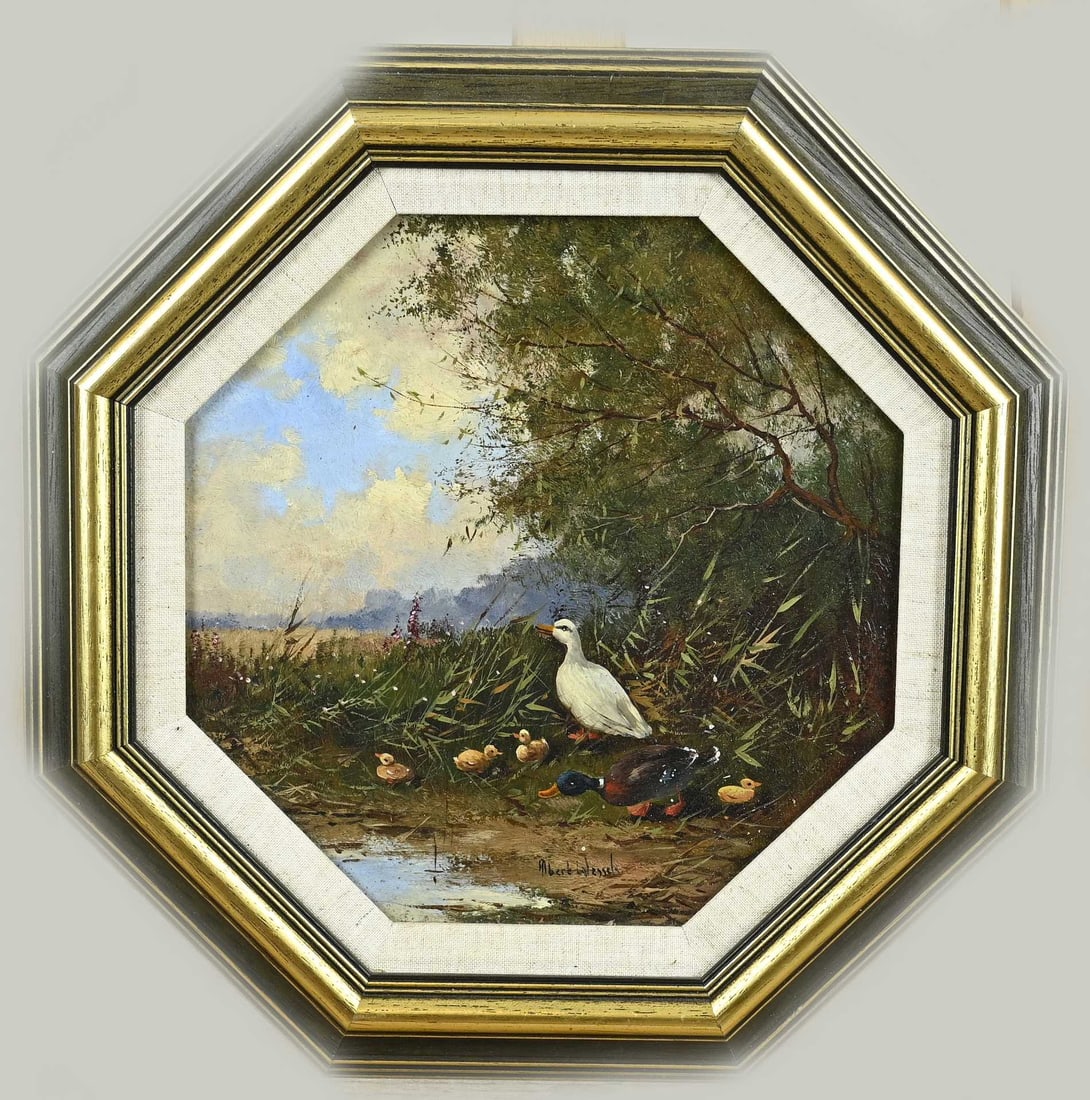 Albert Wessels, Duck family at the waterside: Albert Wessels. 1938 - 2010 Rijssen. Family of ducks by the waterside. Oil on panel. Dimensions: H 27 x W 27 cm. In good condition.