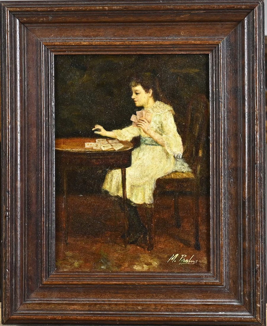 M. Paulus? Woman lays cards: M. Paulus? 20th Century. Woman laying cards. Oil on panel. Dimensions: H 18 x W 13 cm. In good condition.