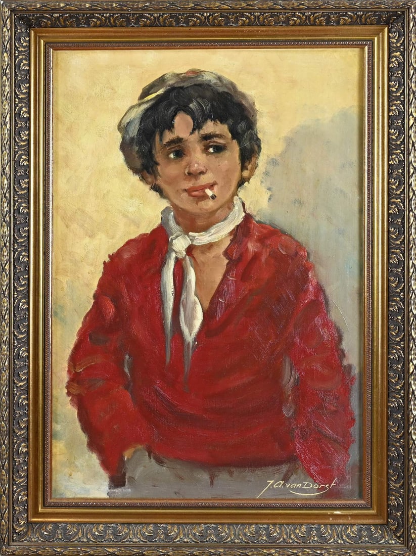 JA van Dorst, Boy with cigarette butt: JA van Dorst. Dutch School. 1950s. Young man with cigarette. Oil on canvas. Dimensions: H 60 x W 40 cm. In good condition.