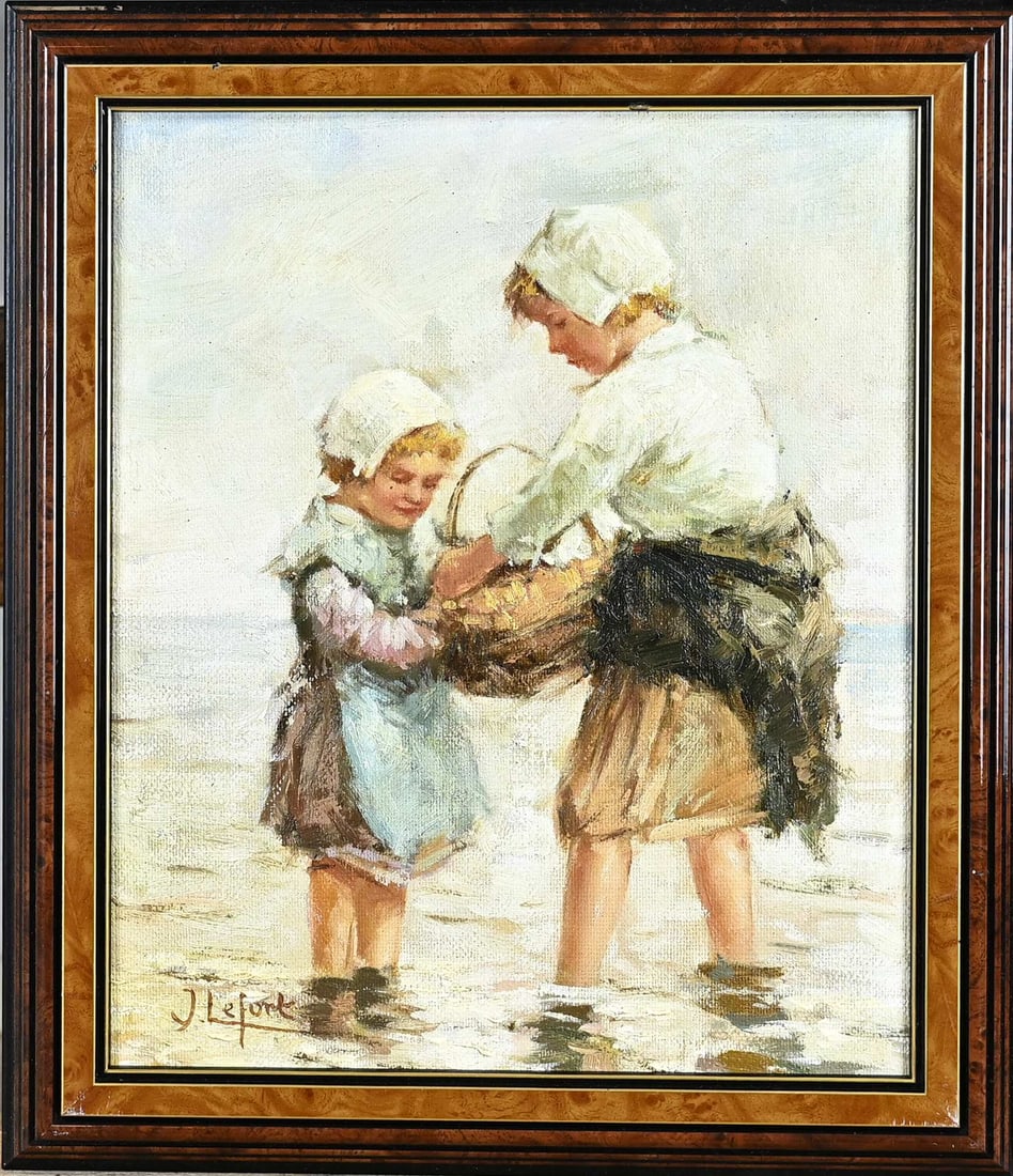 J. Lefort, Girls on the Beach: J. Lefort. Second half of the 20th century. Girls on the beach. Oil on linen. Dimensions: H 30 x W 25 cm. In good condition.