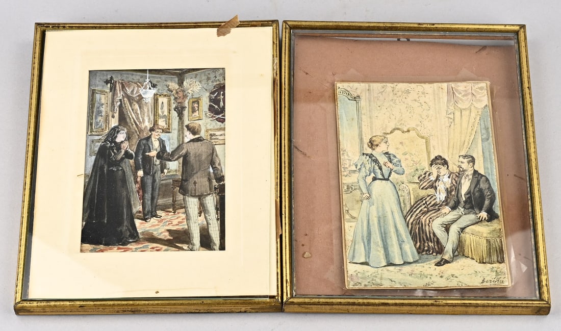 Pendant A. Serina, 2x Interior: Pendant. A. Serina. Circa 1900. 2x Interior with figures. 2x Watercolor on paper. Dimensions: H 17 x W 11 cm. In good condition.