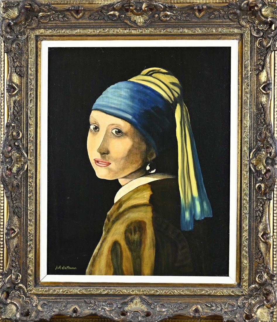 AH Hoffmann, (after Johannes Vermeer): AH Hoffmann. 20th century. Painting after Johannes Vermeer. Girl with a Pearl Earring. Oil on canvas. Dimensions: H 50 x W 40 cm. In good condition.
