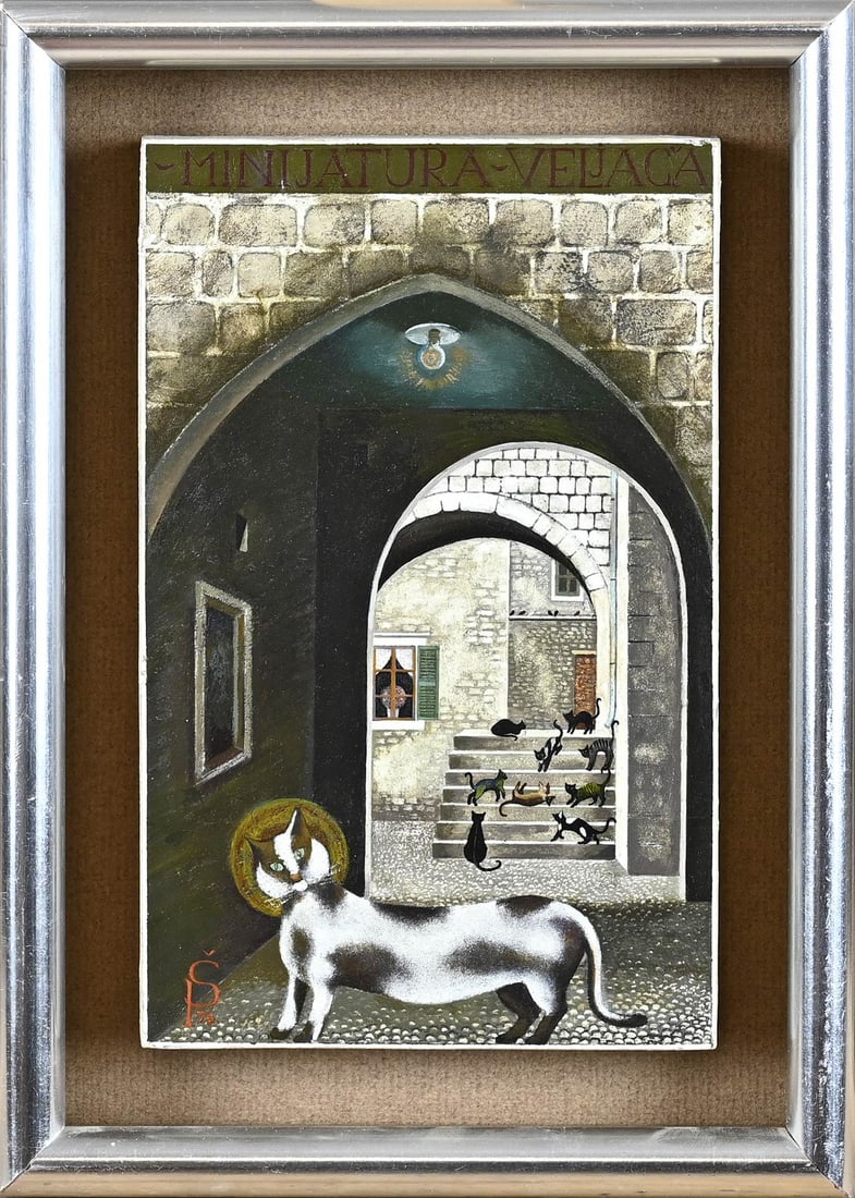 Pero Šantic, Cityscape with cats: Pero Šantic. Dubrovnik (Croatia). Cityscape with cats. Oil on panel. Dimensions: H 17 x W 11 cm. In good condition.