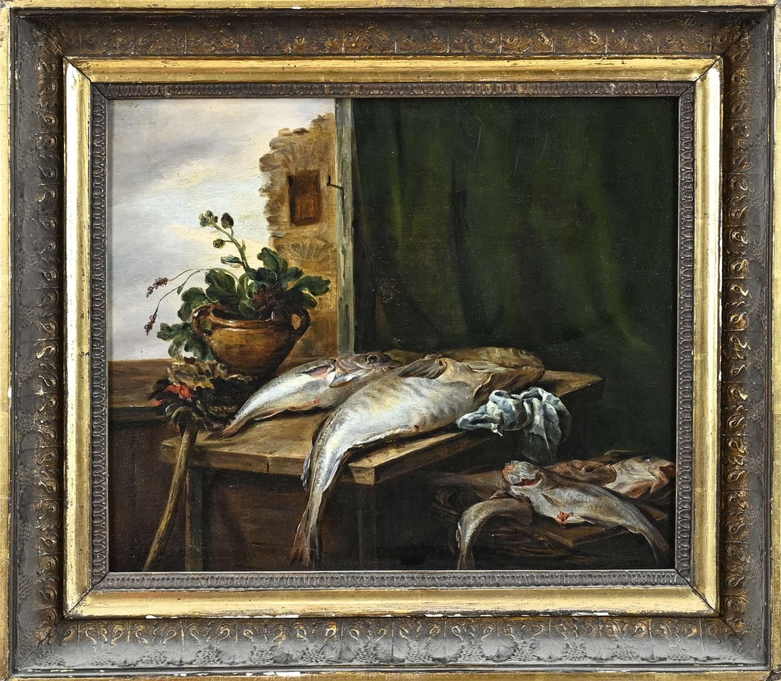 Painting, Still Life: Painting. Unsigned? 19th century. Still life with fish. Oil on panel. Dimensions: H 27 x W 32 cm. In good condition.
