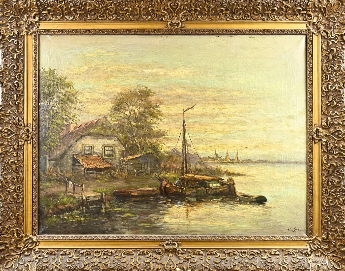 W. van Oort, Flat-bottomed boat at evening: W. van Oort. Dutch landscape with flat-bottomed boat at evening. Oil on canvas. Dimensions: H 60 x W 80 cm. In reasonable condition.