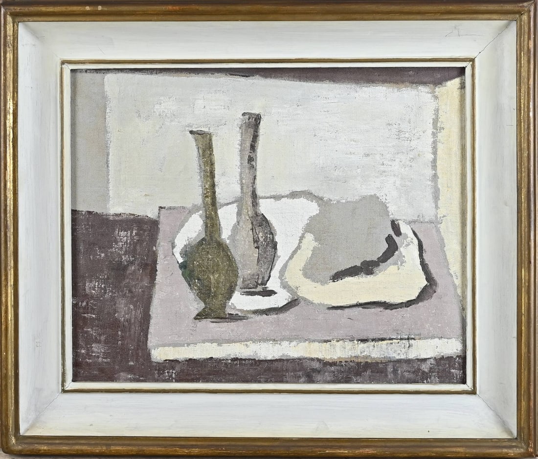 Painting, Still Life: Painting. Unsigned. 1950s - 1960s. Still life, scene on a table. Oil on canvas. Dimensions: H 40 x W 50 cm. In good condition.